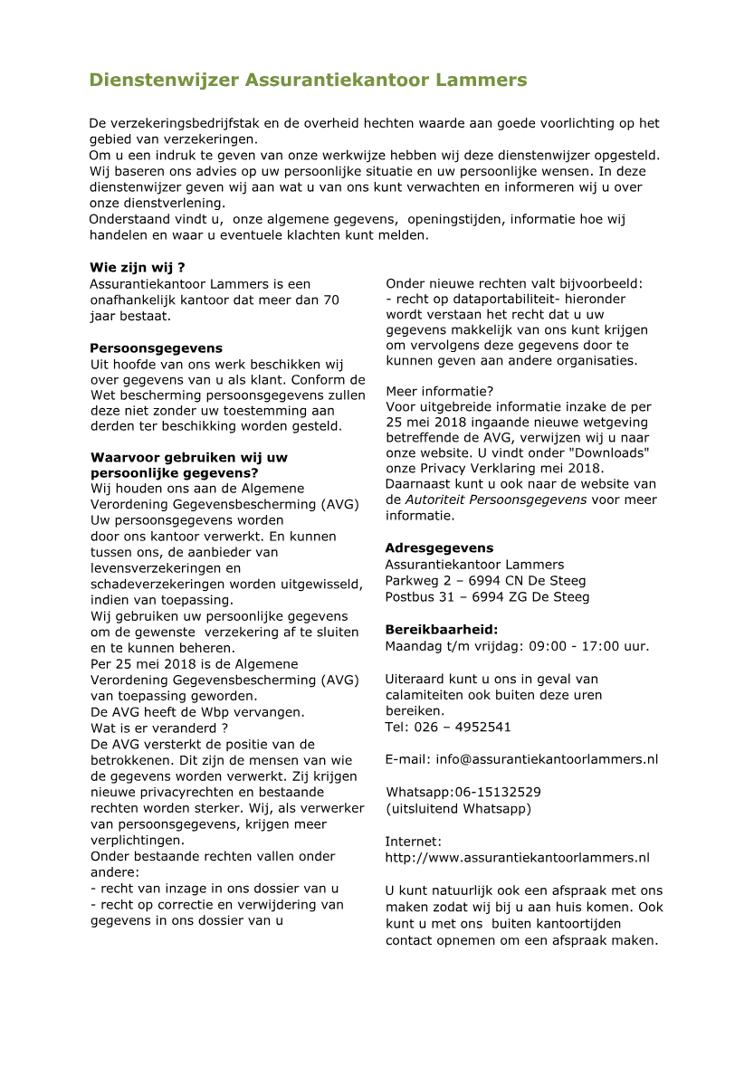 Voorbeeld van Dienstenwijzer Assurantiekantoor Lammers